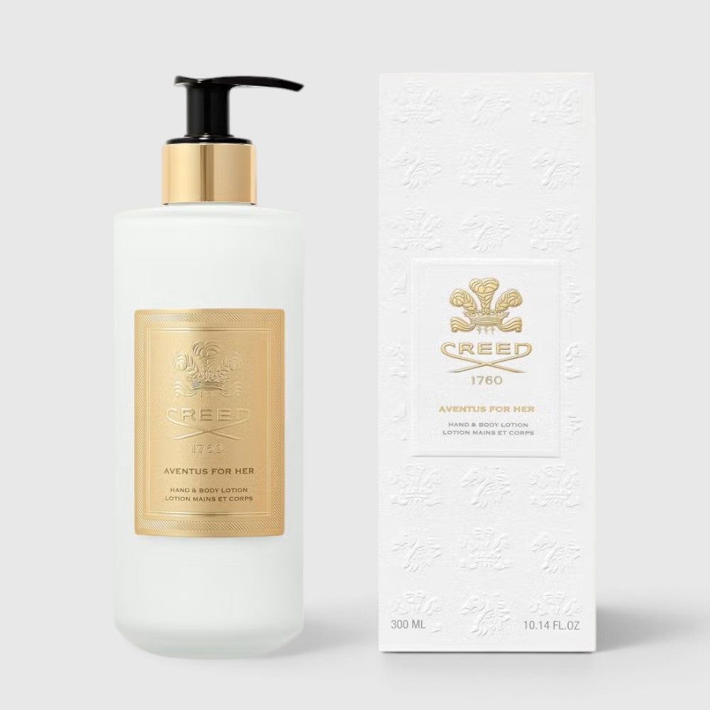 Shop Rescue Spa Aventus For Her Hand &amp; Body Lotion in a frosted bottle with gold label next to its white box.