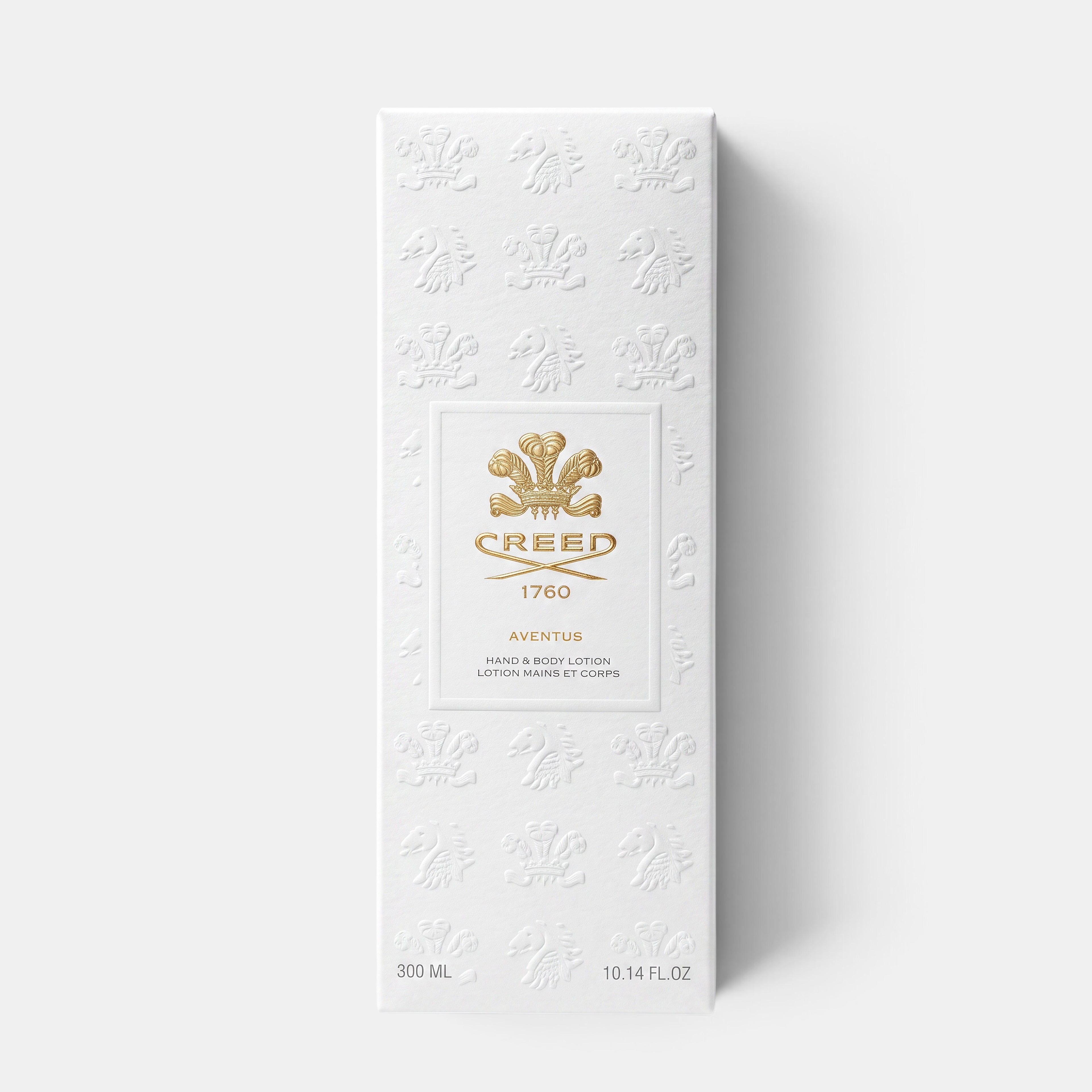 Shop Rescue Spa Aventus Hand &amp; Body Lotion in a white embossed box with gold Creed logo branding.