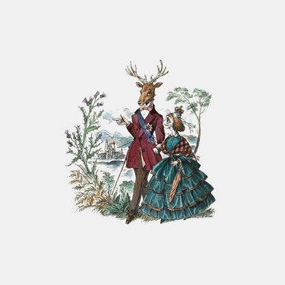 Shop Rescue Spa Balmoral Classic Candle, featuring a stag-headed man and woman in Victorian attire in a Scottish landscape.