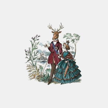 Shop Rescue Spa Balmoral Classic Candle, featuring a stag-headed man and woman in Victorian attire in a Scottish landscape.