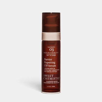 Shop Rescue Spa Sweet Chemistry Barrier Repairing Oil-Serum in a brown pump bottle for dry and dehydrated skin.