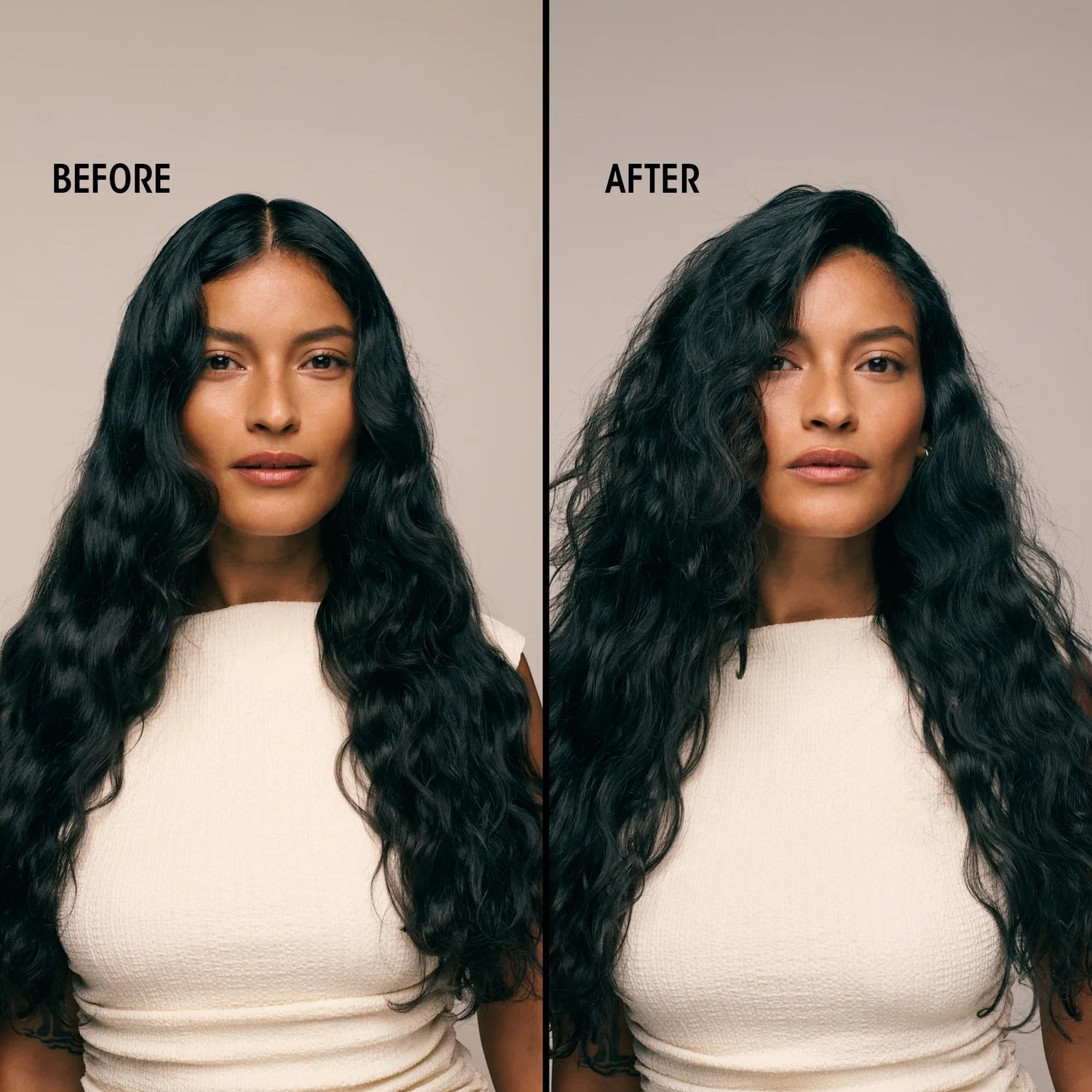 Shop Rescue Spa Apres Beach Wave and Shine Spray before and after results on a woman with long wavy dark hair