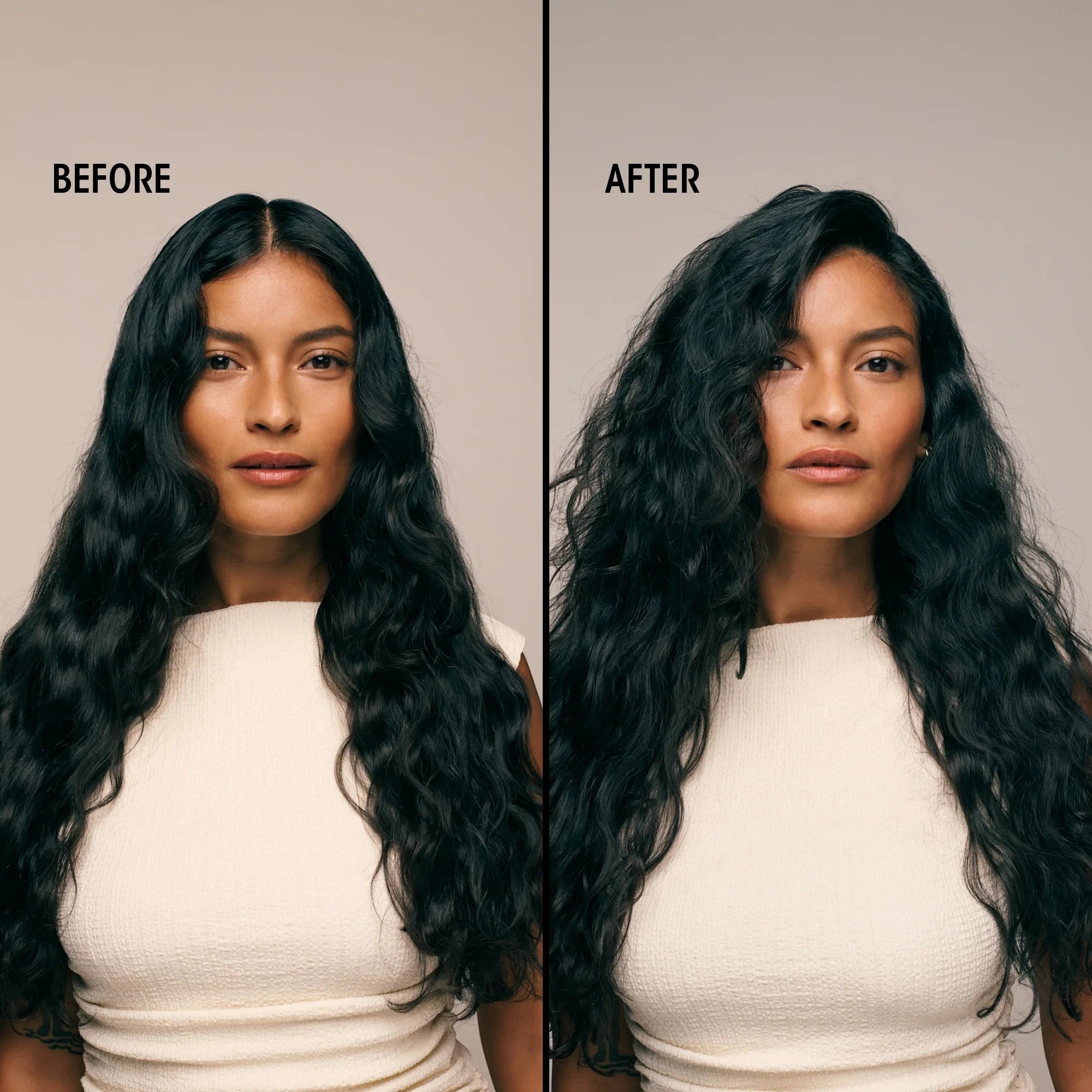 Shop Rescue Spa Apres Beach Wave and Shine Spray before and after results on a woman with long wavy dark hair