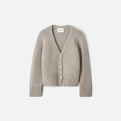 Shop Rescue Spa chunky beige 100% cashmere V-neck cardigan with button front and ribbed hem
