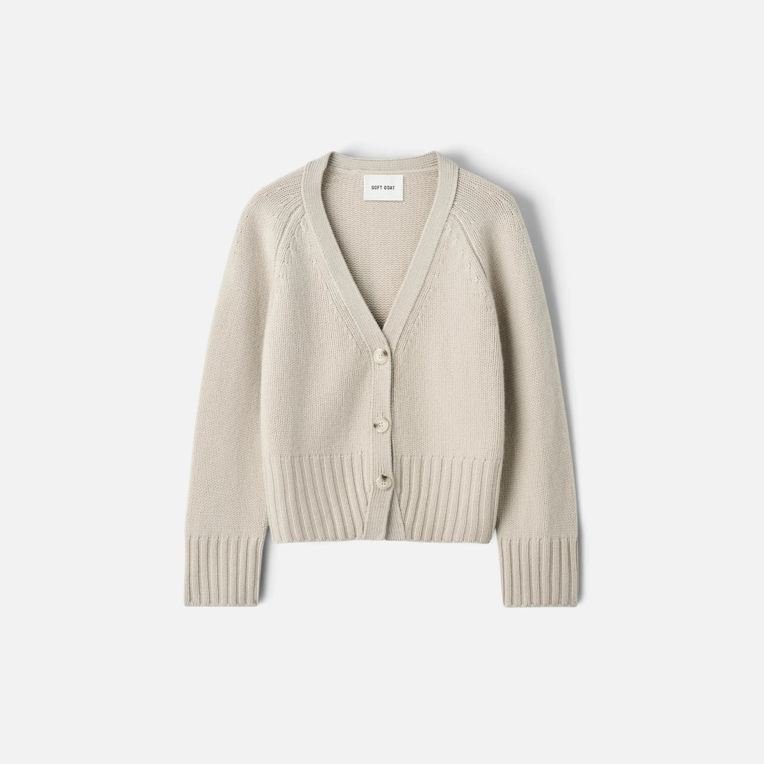 Shop Rescue Spa chunky beige cashmere V-neck cardigan with button front and ribbed hem