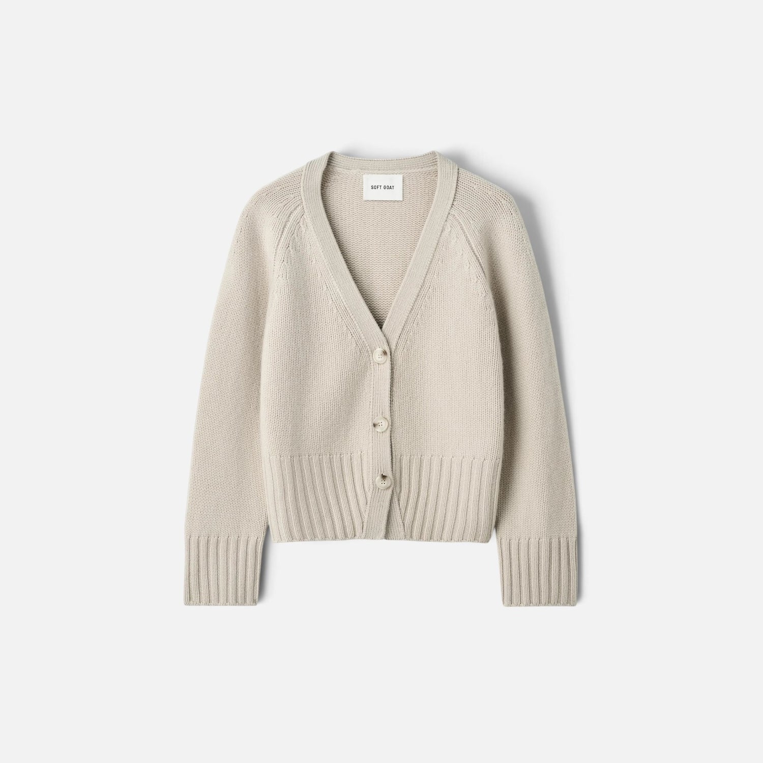 Shop Rescue Spa chunky beige cashmere V-neck cardigan with button front and ribbed hem