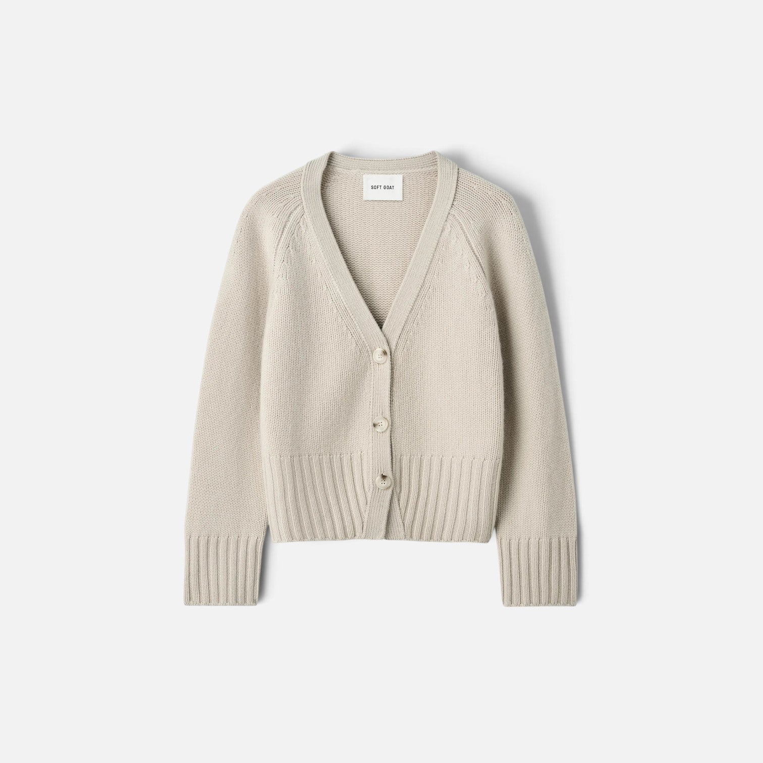 Shop Rescue Spa chunky beige cashmere V-neck cardigan with button front and ribbed hem