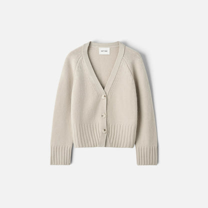 Shop Rescue Spa chunky beige cashmere V-neck cardigan with button front and ribbed hem