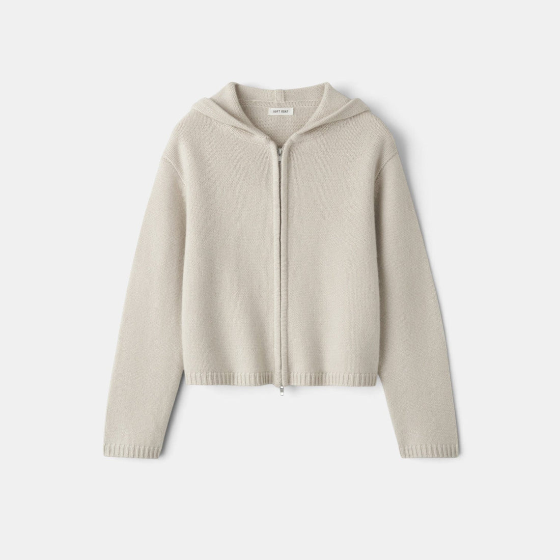 Shop Rescue Spa beige chunky knit cashmere hoodie with a front zipper closure and regular fit.