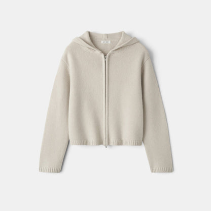 Shop Rescue Spa beige chunky knit cashmere hoodie with a front zipper closure and regular fit.