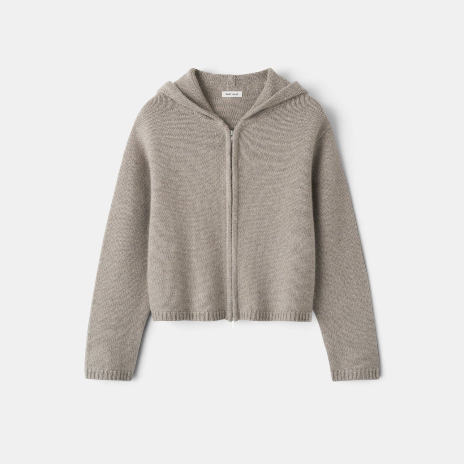 Shop Rescue Spa chunky knit hoodie in beige 100% cashmere with a front zipper closure and regular fit.