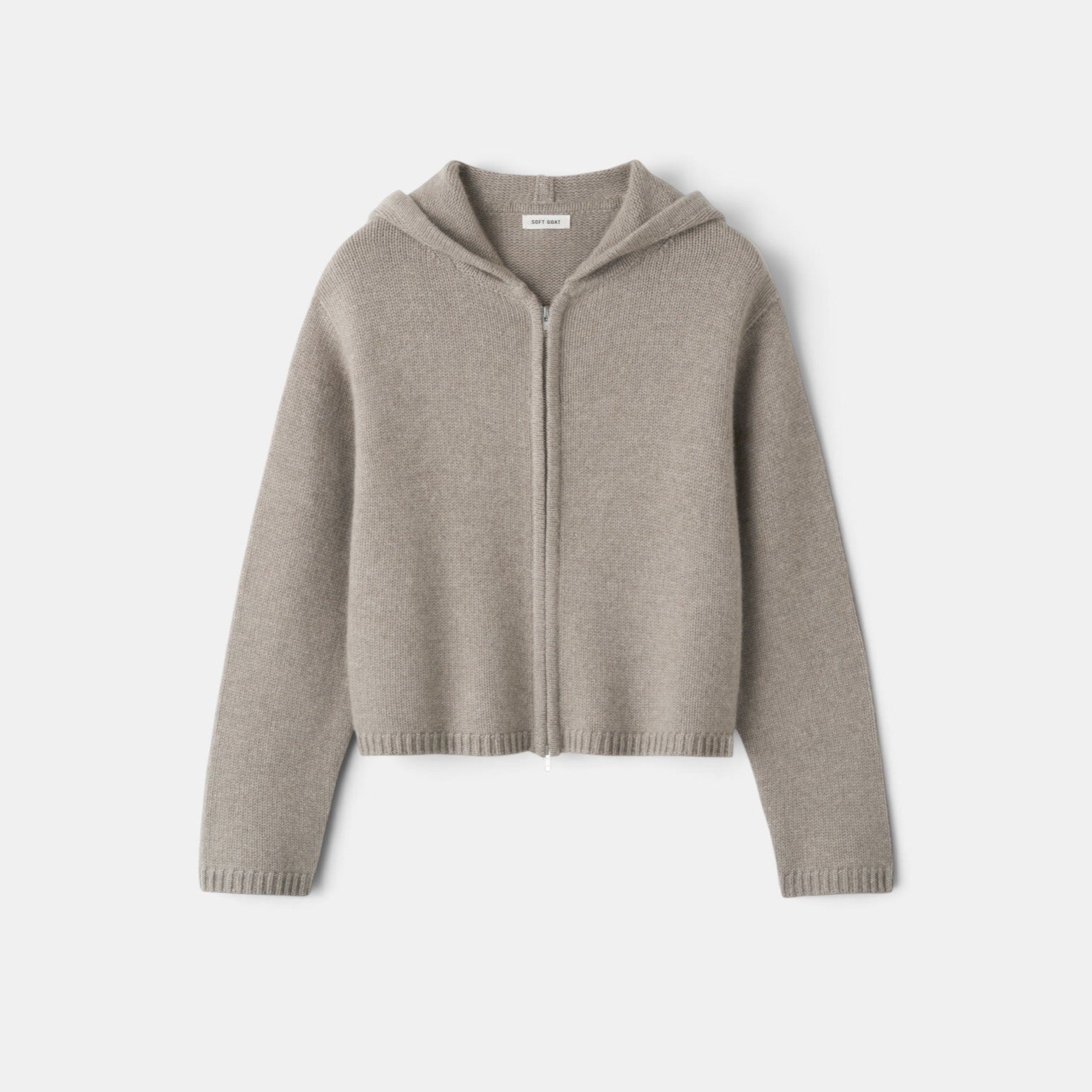 Shop Rescue Spa chunky knit hoodie in beige 100% cashmere with a front zipper closure and regular fit.