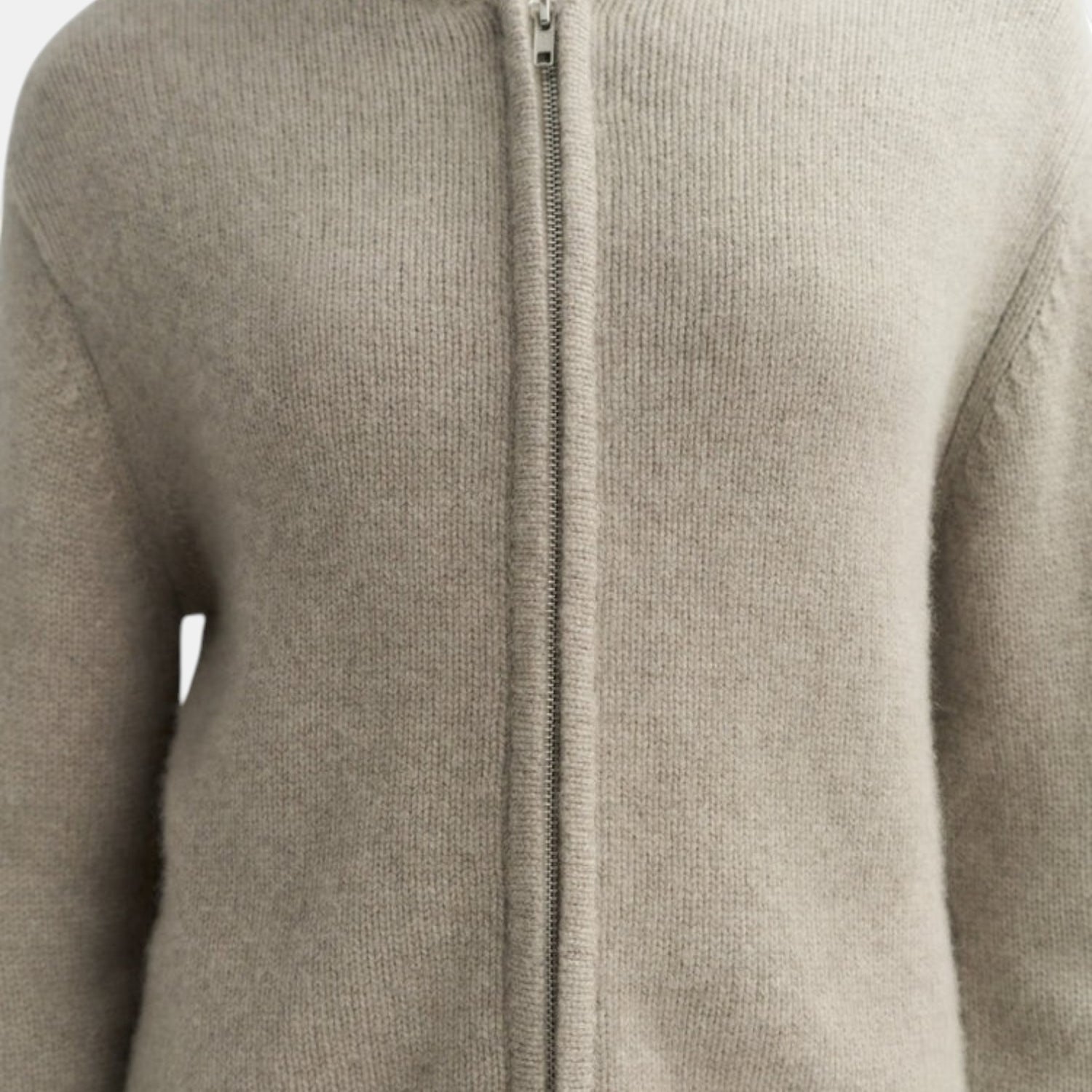 Shop Rescue Spa chunky knit hoodie in beige 100% cashmere with a front zipper closure
