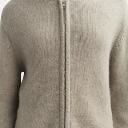 Shop Rescue Spa chunky knit hoodie in beige 100% cashmere with a front zipper closure