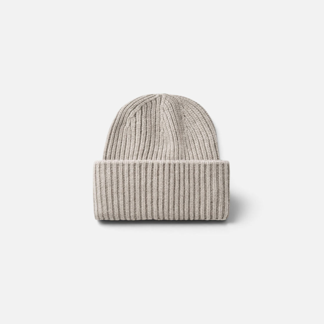 Shop Rescue Spa beige ribbed knit cashmere beanie with a folded cuff, unisex design.