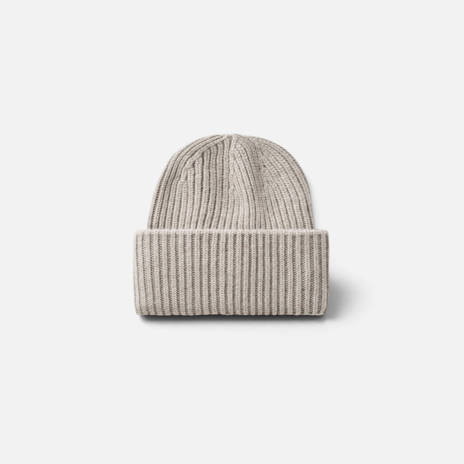Shop Rescue Spa beige ribbed knit cashmere beanie with a folded cuff, unisex design.