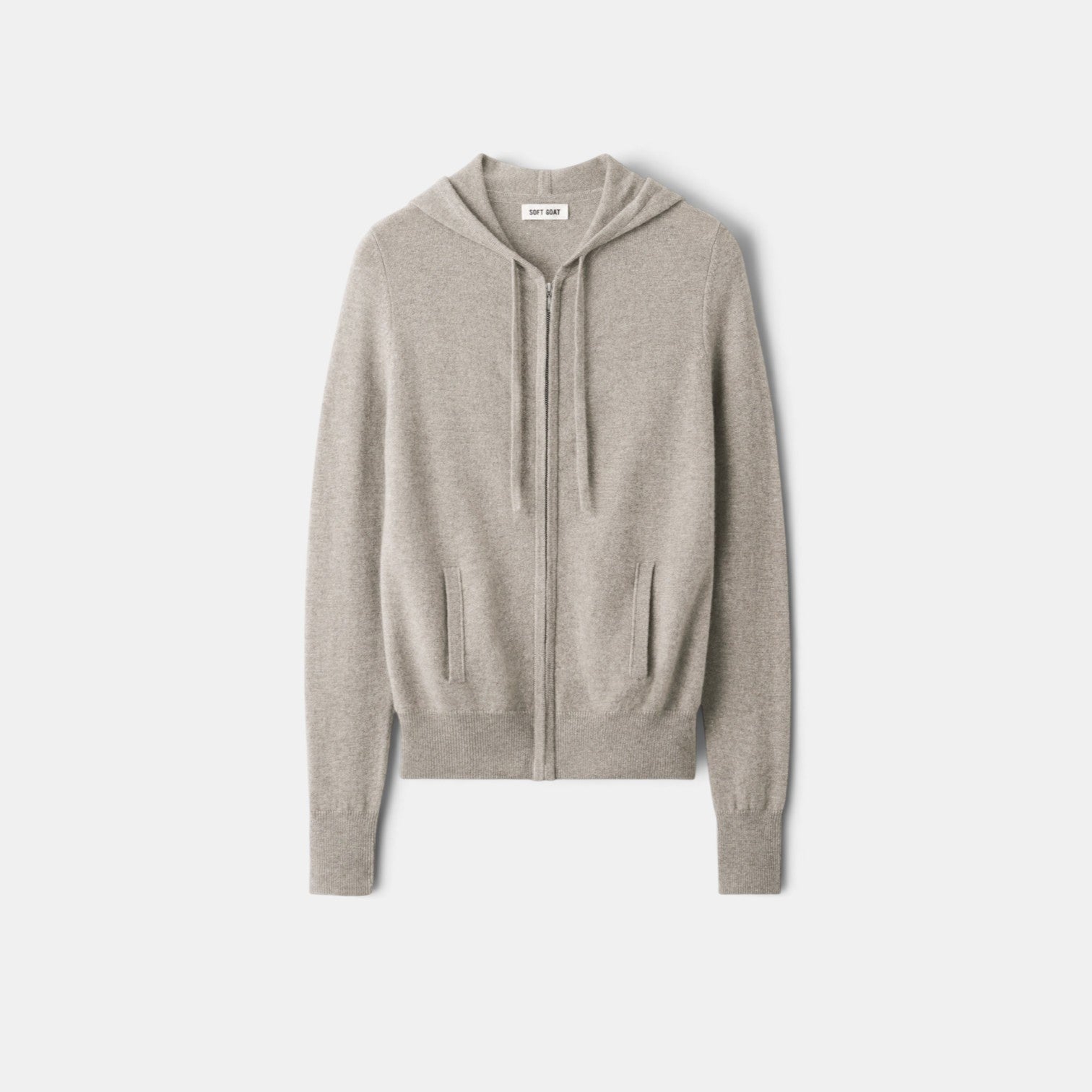 Shop Rescue Spa beige fine knit cashmere zip hoodie with drawstring hood and front pockets