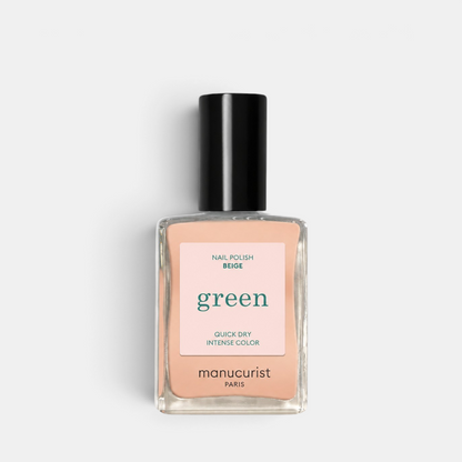 Shop Rescue Spa beige plant-based nail polish in a glass bottle with a black cap, offering a glossy finish.