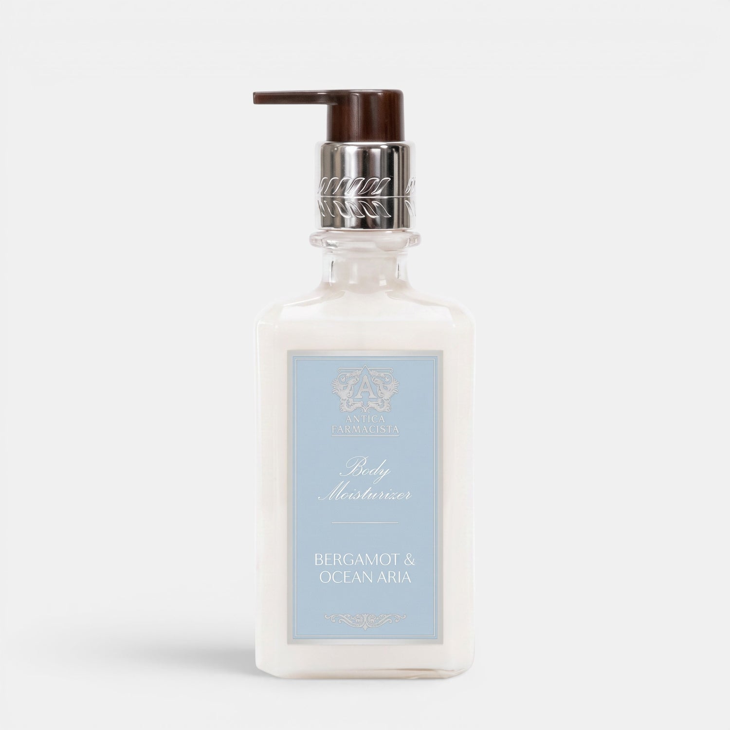 Shop Rescue Spa Bergamot &amp; Ocean Aria body moisturizer in a clear pump bottle with a light blue label.