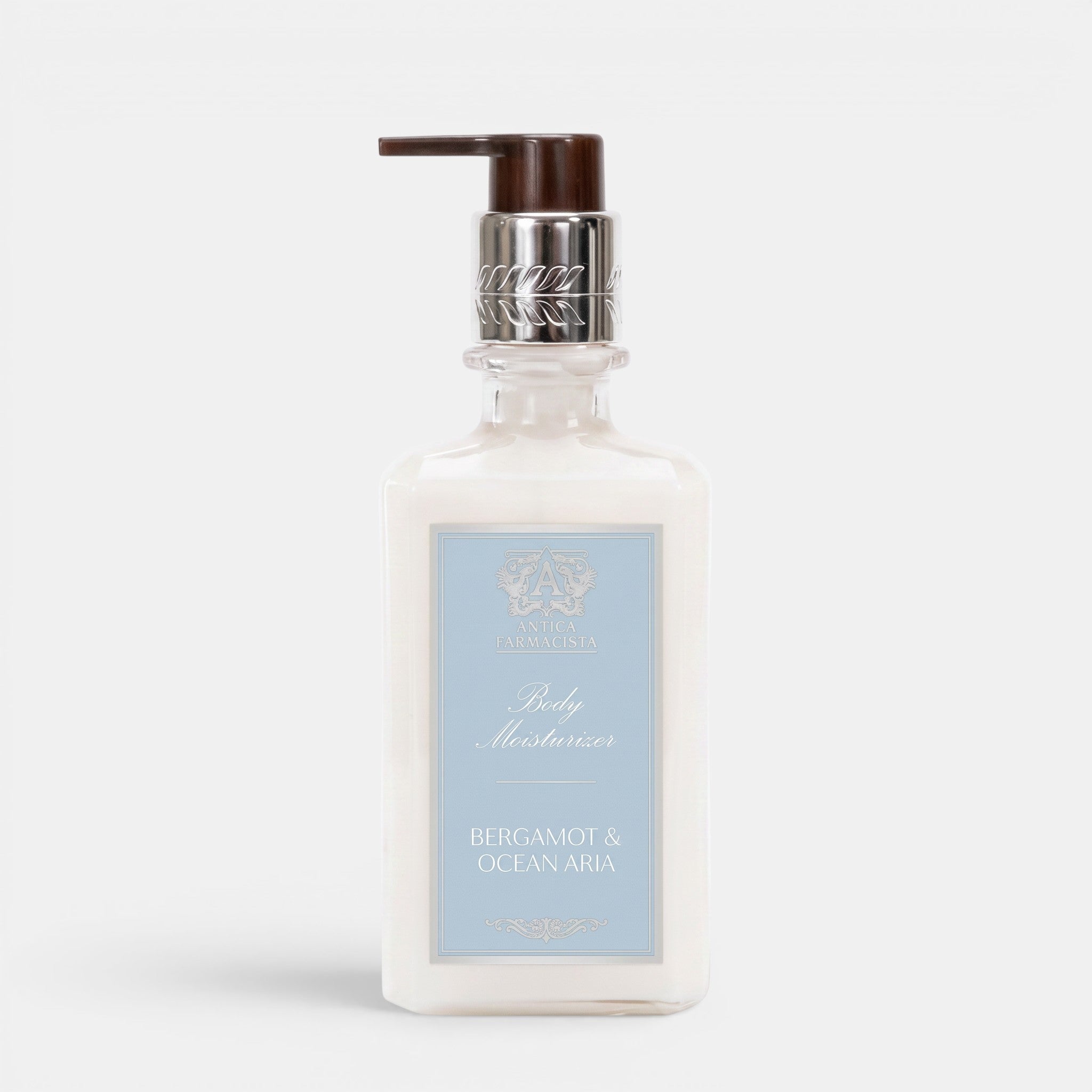 Shop Rescue Spa Bergamot &amp; Ocean Aria body moisturizer in a clear pump bottle with a light blue label.