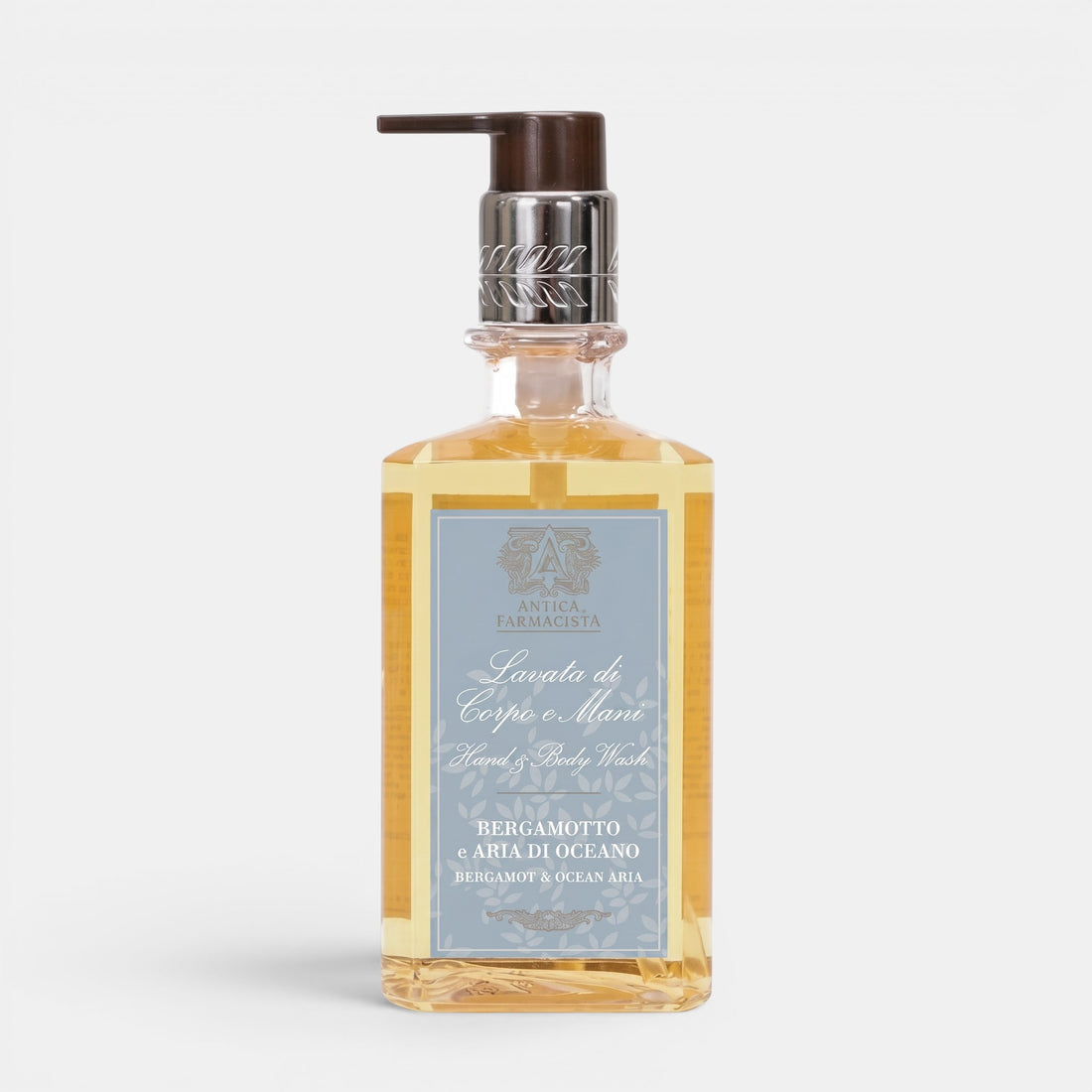 Shop Rescue Spa Antica Farmacista Bergamot &amp; Ocean Aria hand and body wash in a clear bottle with a pump dispenser.