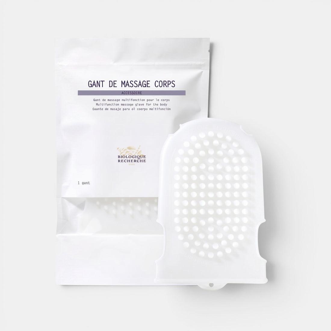 Shop Rescue Spa Biologique Recherche dual-sided body massage glove with soft spikes for exfoliation and circulation.