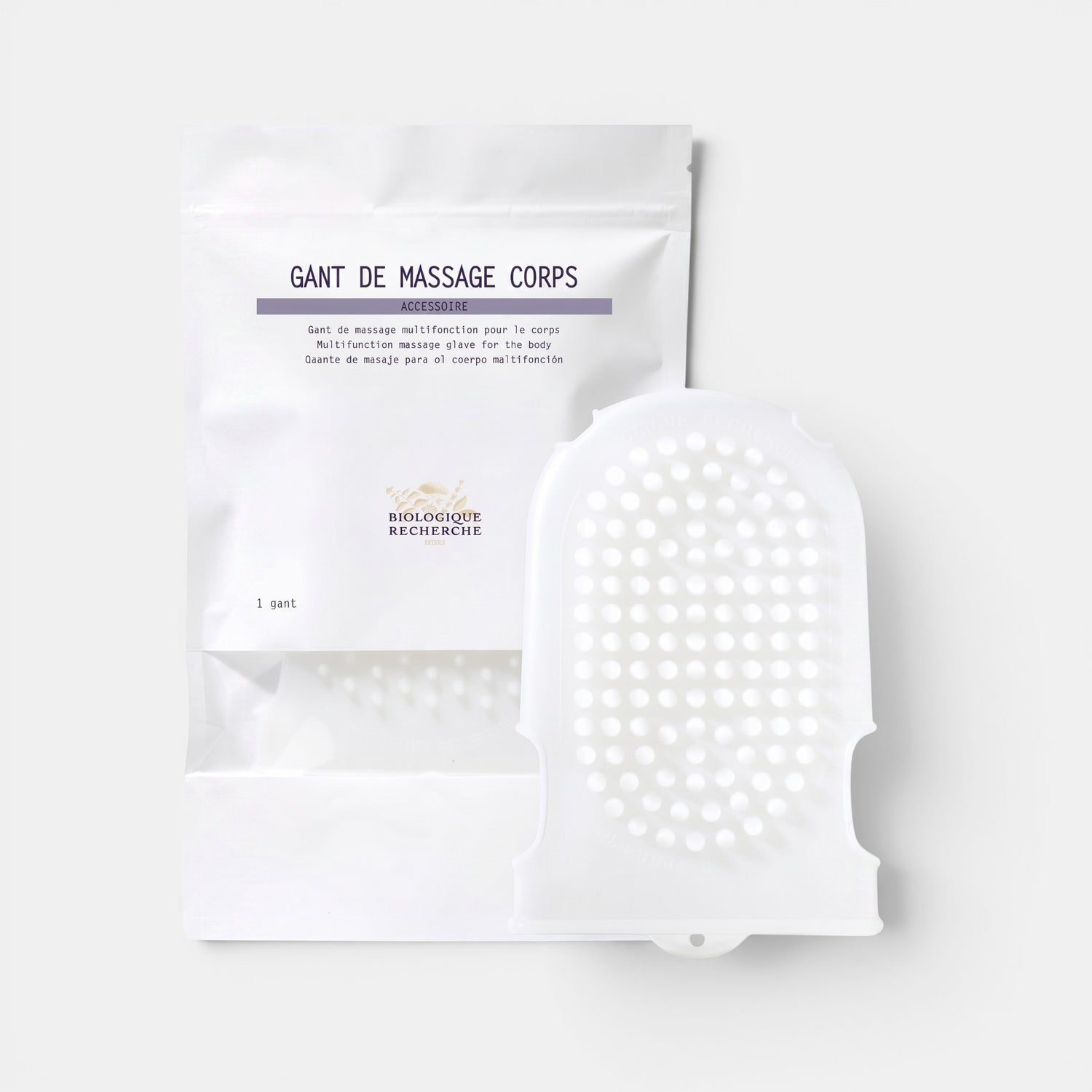 Shop Rescue Spa Biologique Recherche dual-sided body massage glove with soft spikes for exfoliation and circulation.