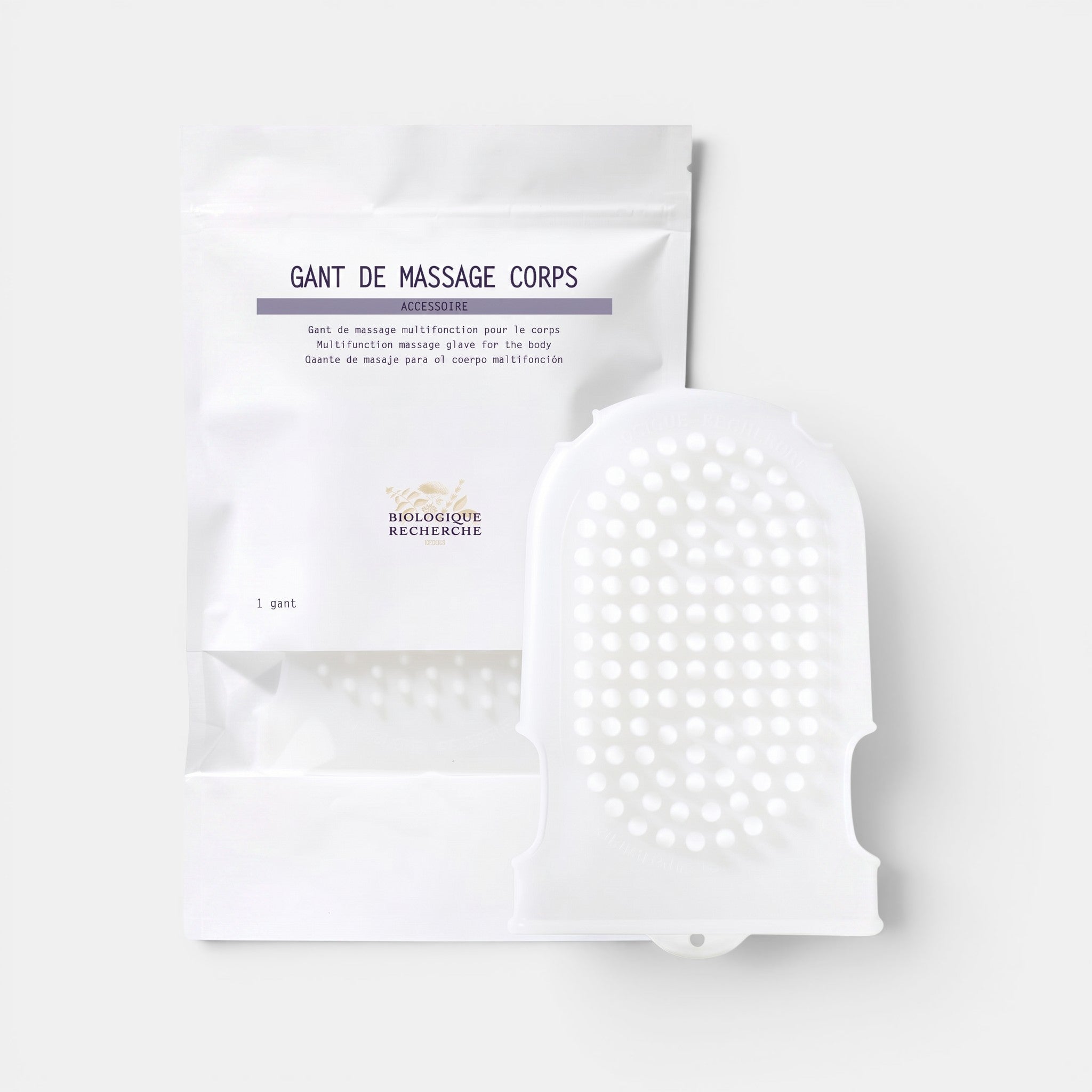 Shop Rescue Spa Biologique Recherche dual-sided body massage glove with soft spikes for exfoliation and circulation.