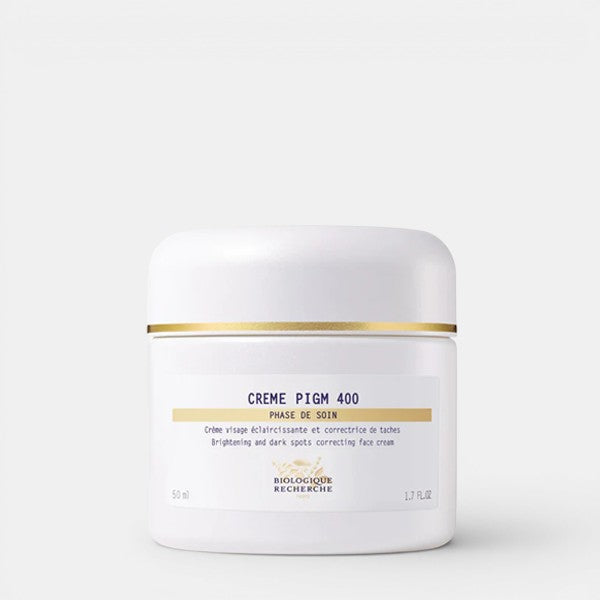 Shop Rescue Spa Biologique Recherche Crème PIGM 400 brightening and dark spots correcting face cream in a white jar with gold trim.