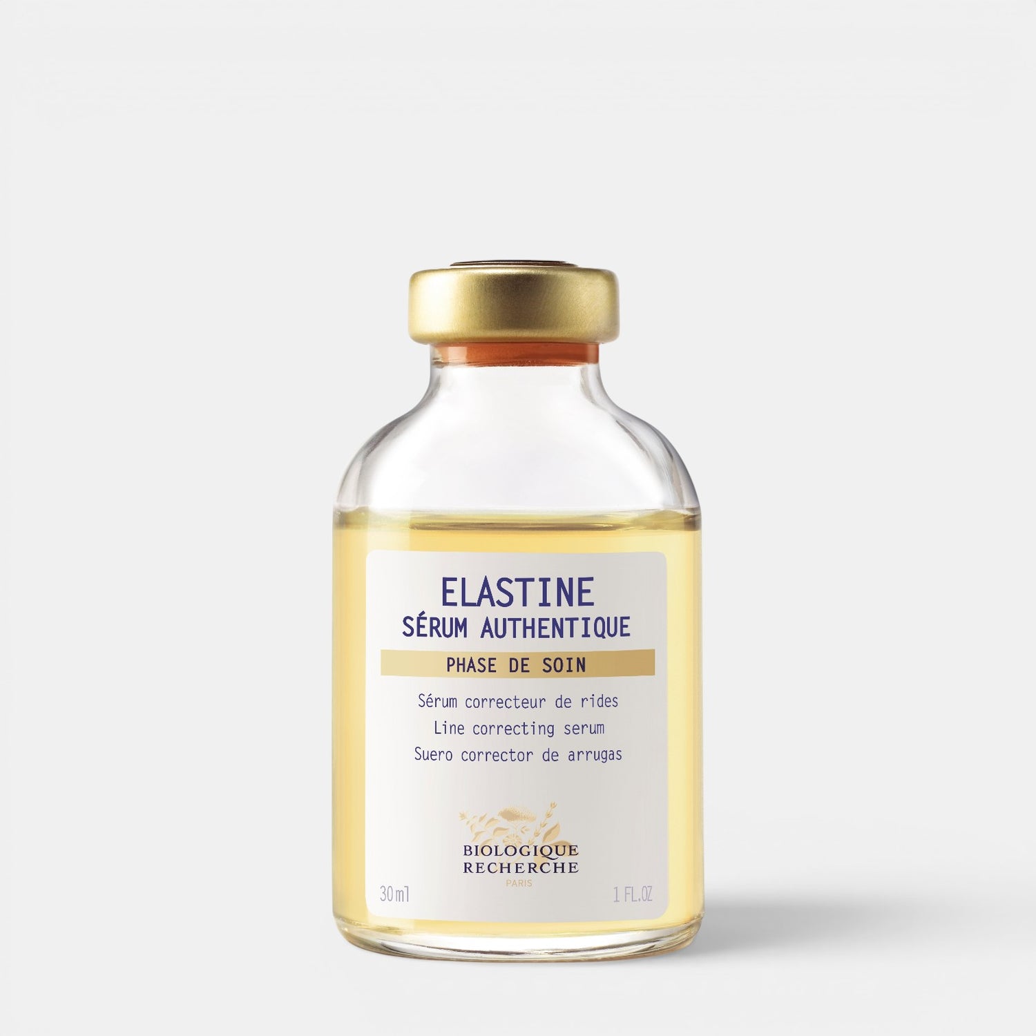 Shop Rescue Spa Biologique Recherche Serum Elastine anti-aging face serum in a clear glass bottle with gold cap