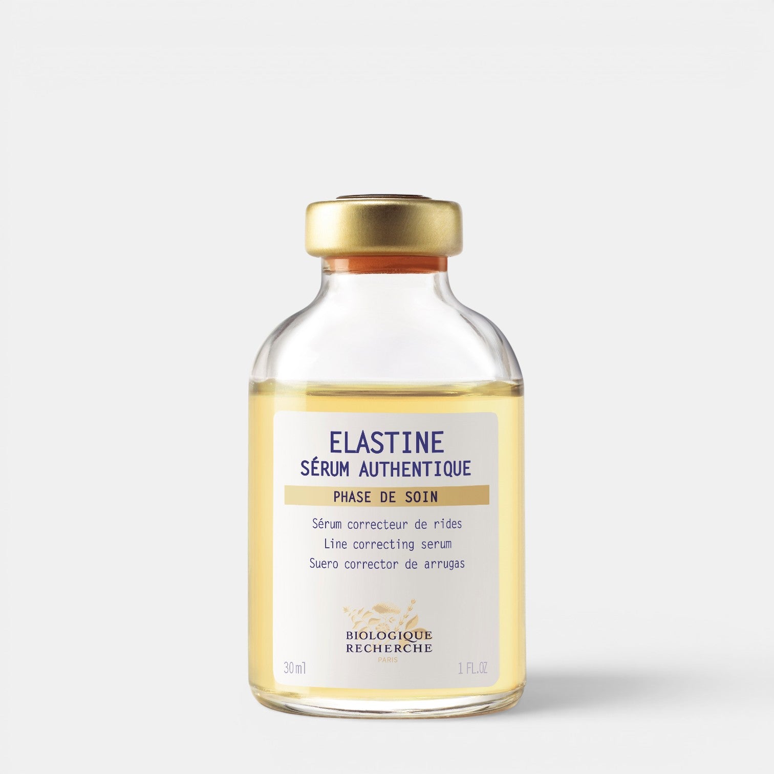 Shop Rescue Spa Biologique Recherche Serum Elastine anti-aging face serum in a clear glass bottle with gold cap