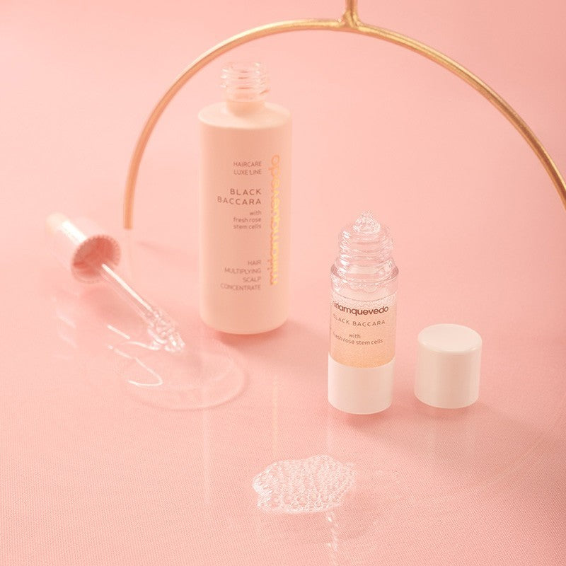 Shop Rescue Spa Black Baccara hair multiplying scalp concentrate and pre-treatment exfoliator set on pink background