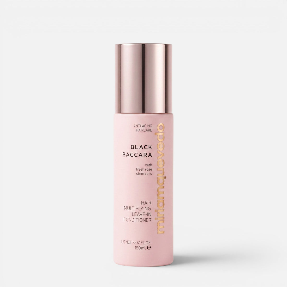 Shop Rescue Spa Black Baccara Hair Multiplying Leave-In Conditioner in a pale pink bottle with a metallic cap.