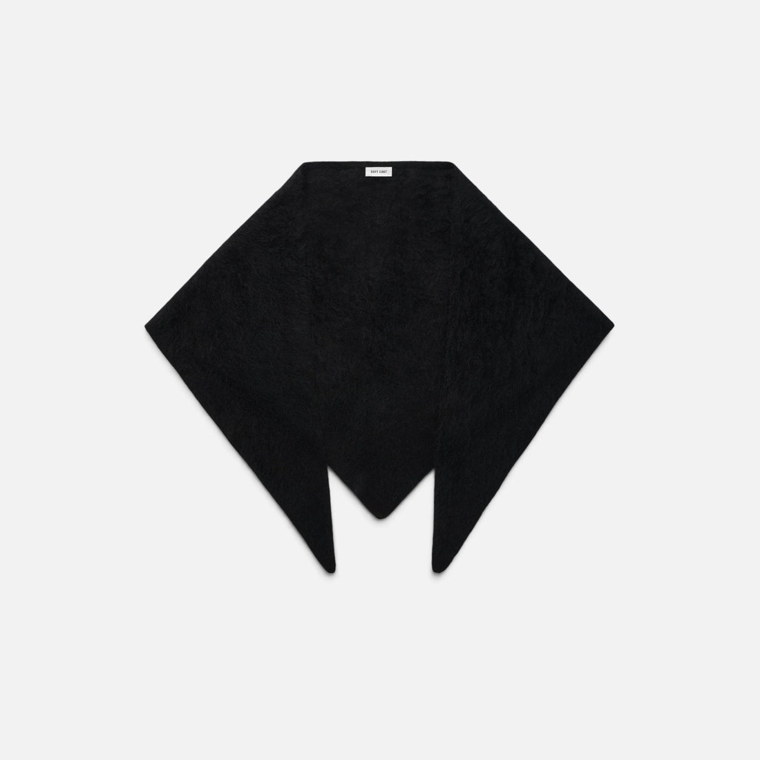 Shop Rescue Spa black brushed cashmere scarf with a soft knit texture and pointed triangular shape.