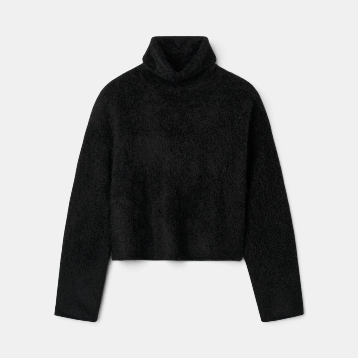 Shop Rescue Spa black brushed cashmere turtleneck sweater with a regular fit and soft knit texture.