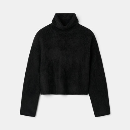 Shop Rescue Spa black brushed cashmere turtleneck sweater with a regular fit and soft knit texture.