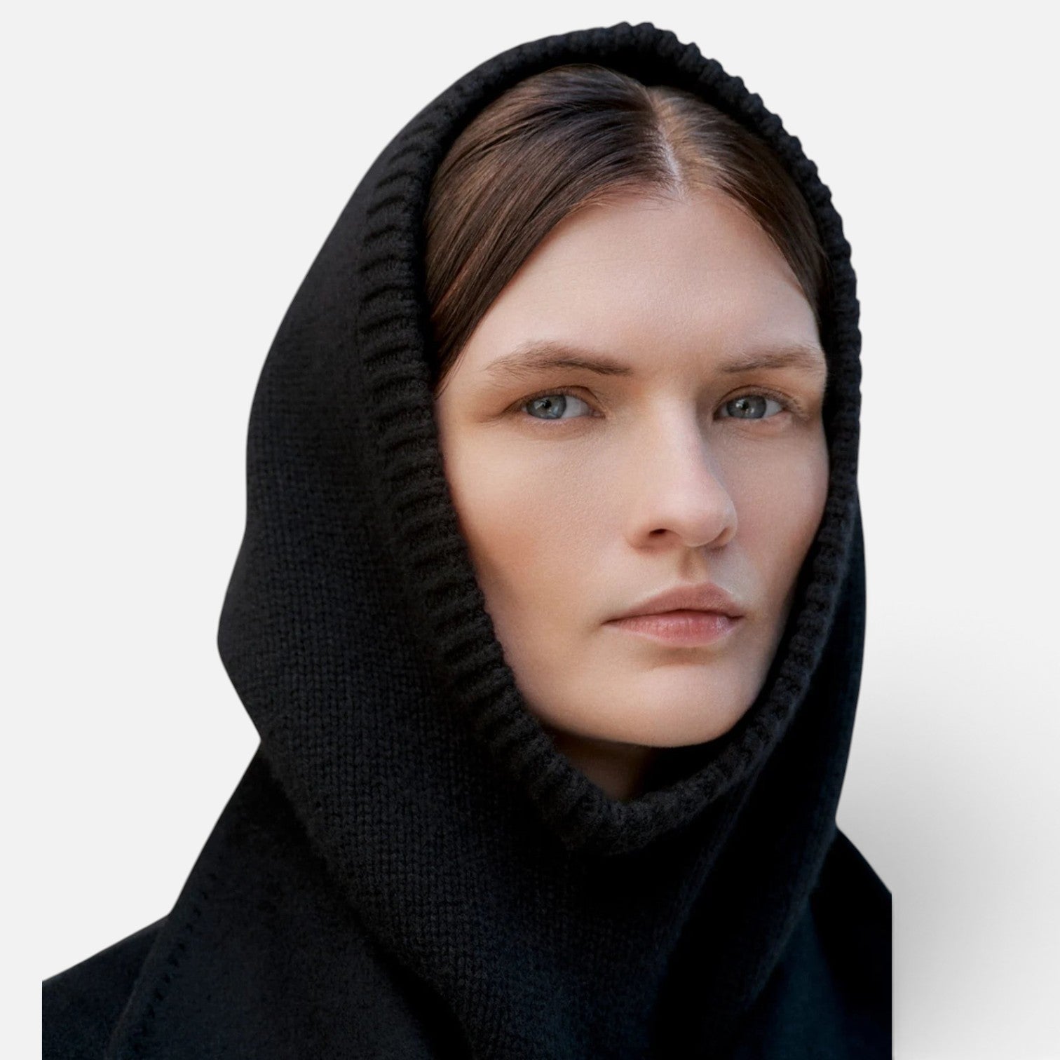 Shop Rescue Spa black chunky knit balaclava made from 100% cashmere worn by a model