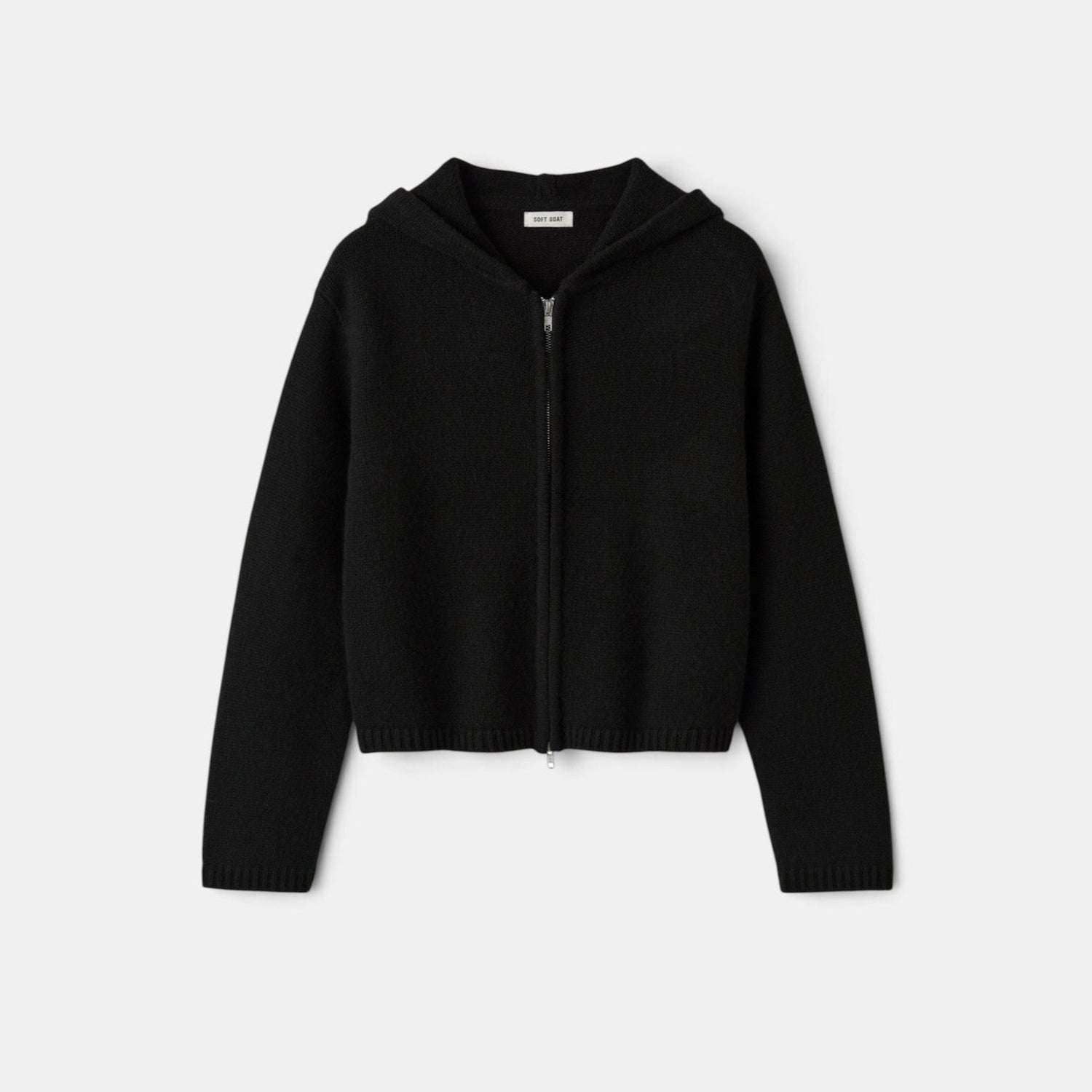 Shop Rescue Spa black chunky knit cashmere hoodie with a front zipper closure and regular fit.
