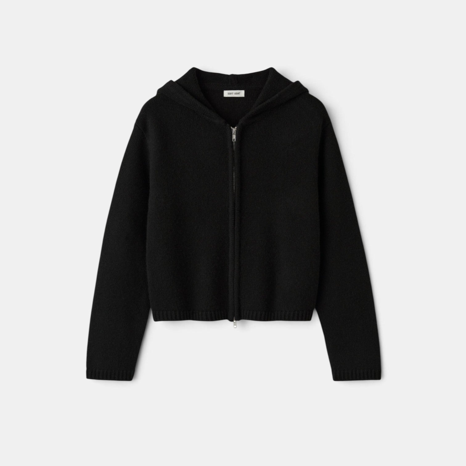 Shop Rescue Spa black chunky knit cashmere hoodie with a front zipper closure and regular fit.