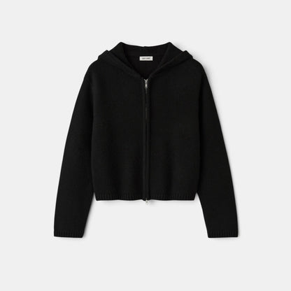 Shop Rescue Spa black chunky knit cashmere hoodie with a front zipper closure and regular fit.