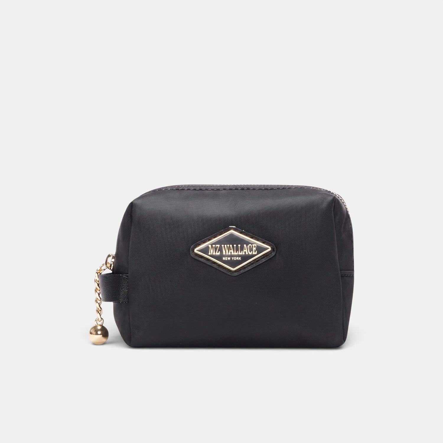 Shop Rescue Spa black small Ava cosmetic bag in water-repellent nylon with leather trim and gold-tone hardware.