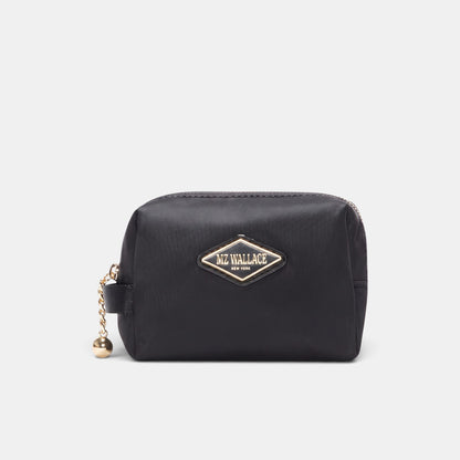 Shop Rescue Spa black small Ava cosmetic bag in water-repellent nylon with leather trim and gold-tone hardware.