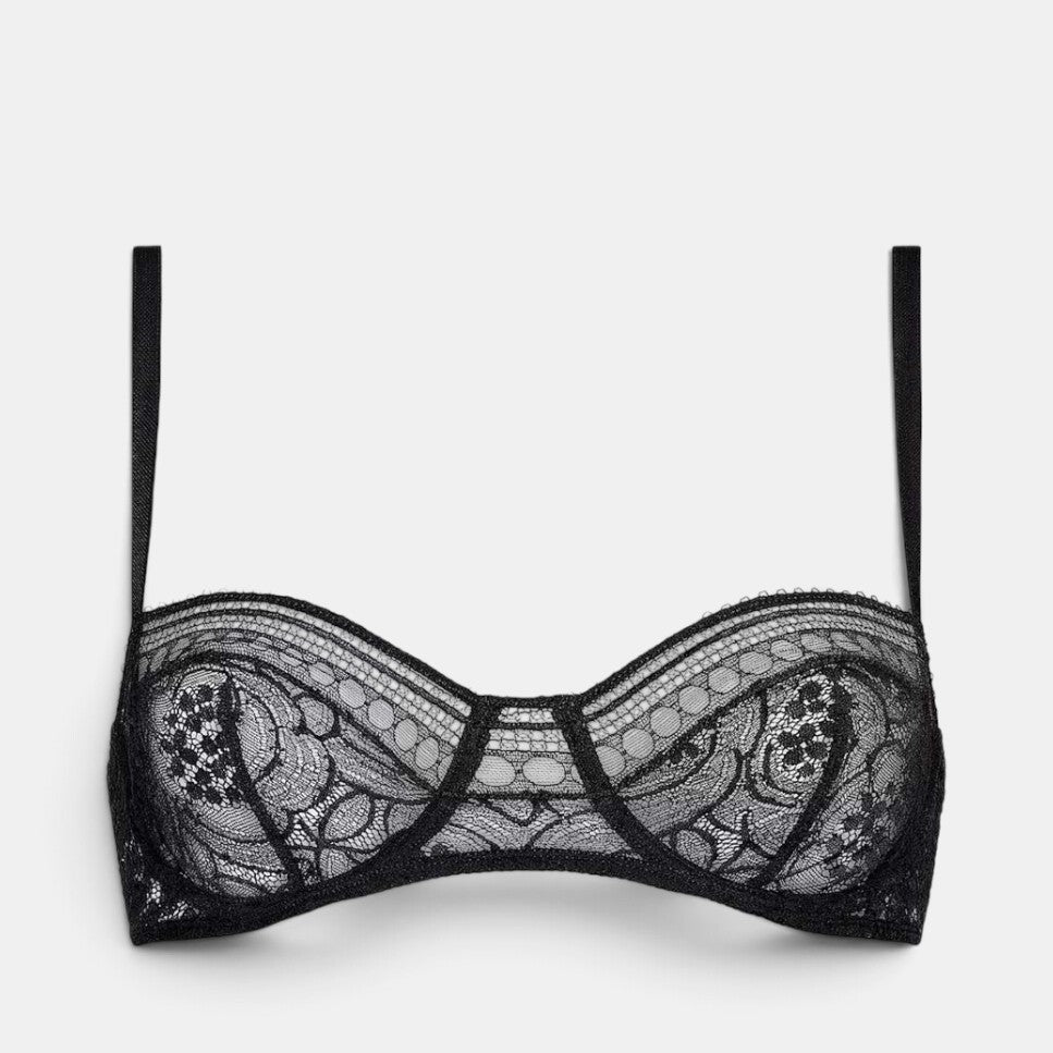 Shop Rescue Spa Facettes black demi-cup bra featuring delicate floral lace patchwork and graphic trim.