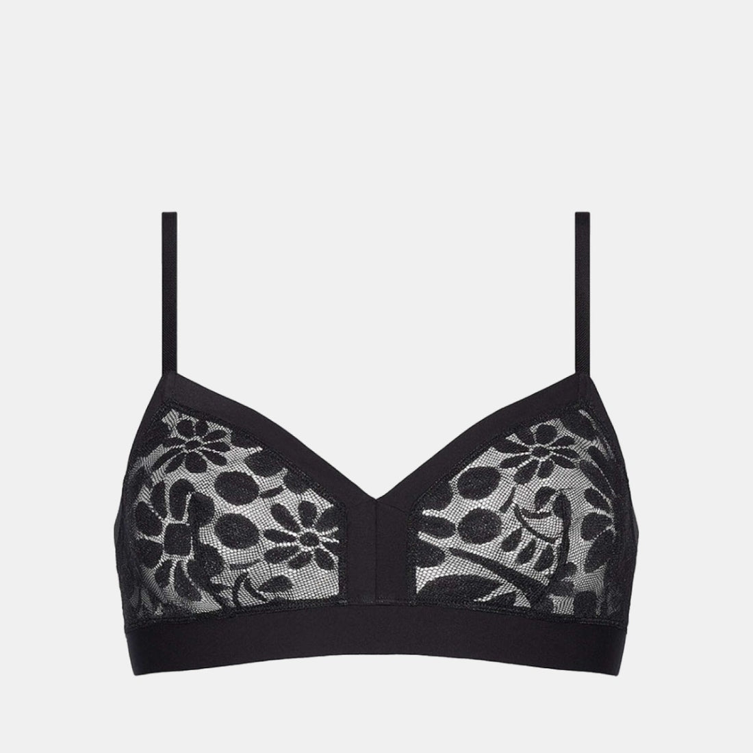 Shop Rescue Spa Feminin wireless black triangle bra with floral lace detailing and elasticated underbust band