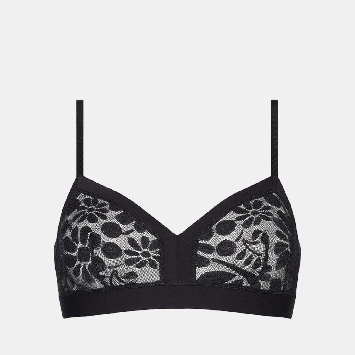Shop Rescue Spa Feminin wireless black triangle bra with floral lace detailing and elasticated underbust band