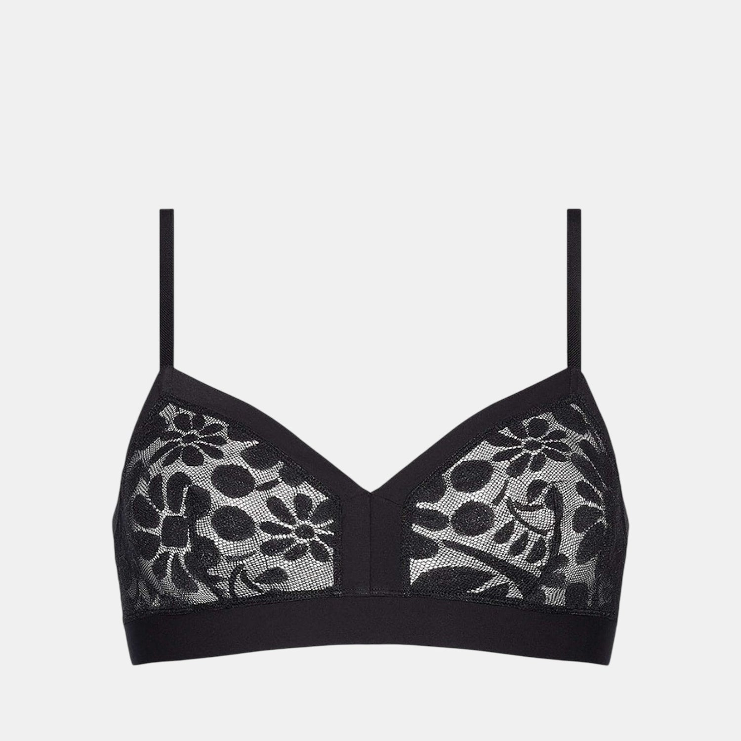Shop Rescue Spa Feminin black wireless triangle bra with floral lace detailing and elasticated underbust band
