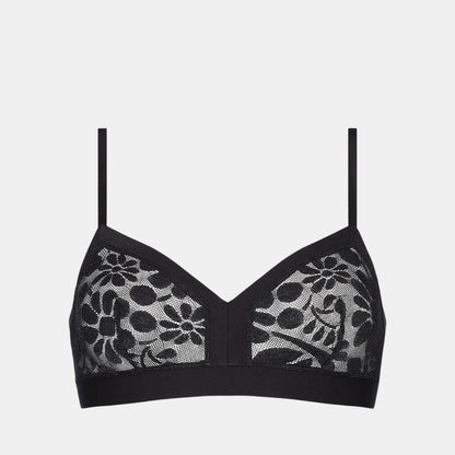 Shop Rescue Spa Feminin black wireless triangle bra with floral lace detailing and elasticated underbust band