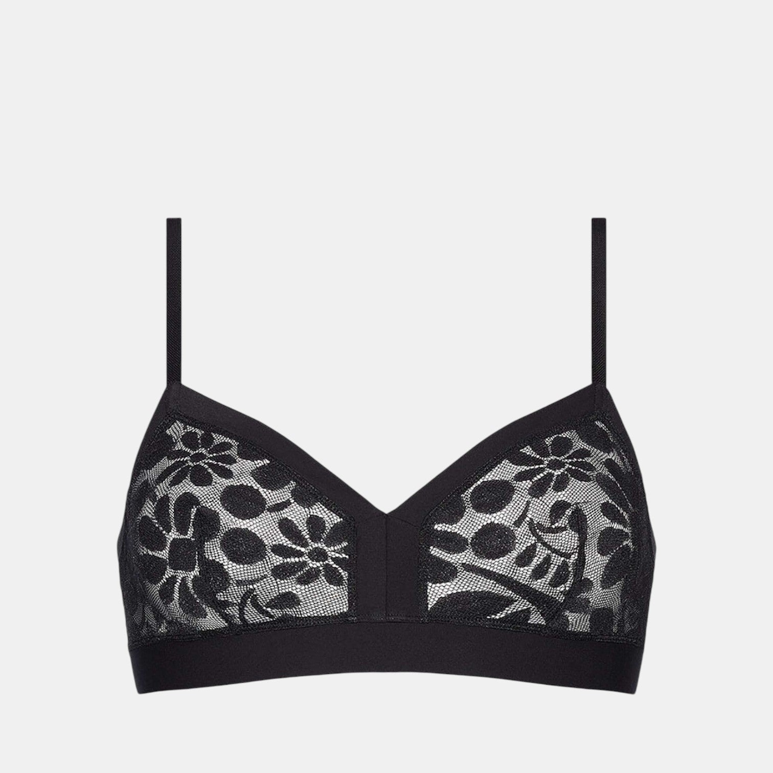 Shop Rescue Spa Feminin black wireless triangle bra with floral lace detailing and elasticated underbust band