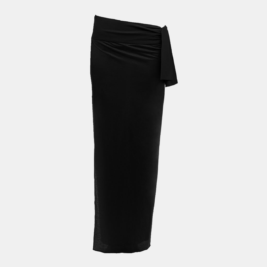 Shop Rescue Spa black long sarong in Peau Douce fabric with an attached waist tie belt.