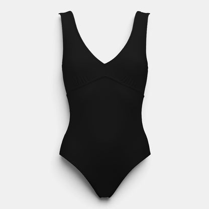 Shop Rescue Spa HOLD UP black one-piece swimsuit with V-neckline, underbust shirring, and broad straps.